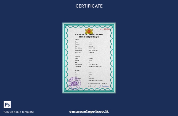 modello PSD del certificato di nascita del documento di stato civile del Myanmar